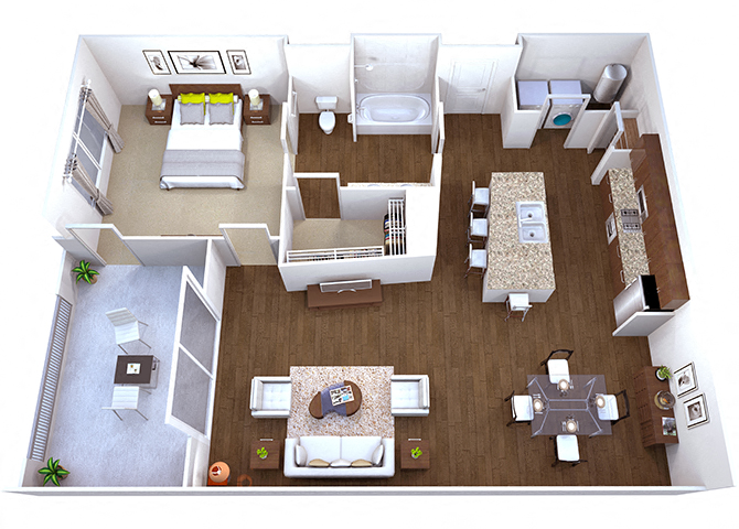 Floor plan for 1 bed, 1 bath, 863 sqft